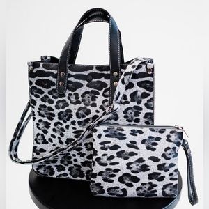 Grey Cheetah Print Top Handle Crossbody with Clutch